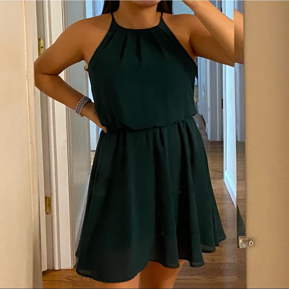 Green high neck flowy silky dress